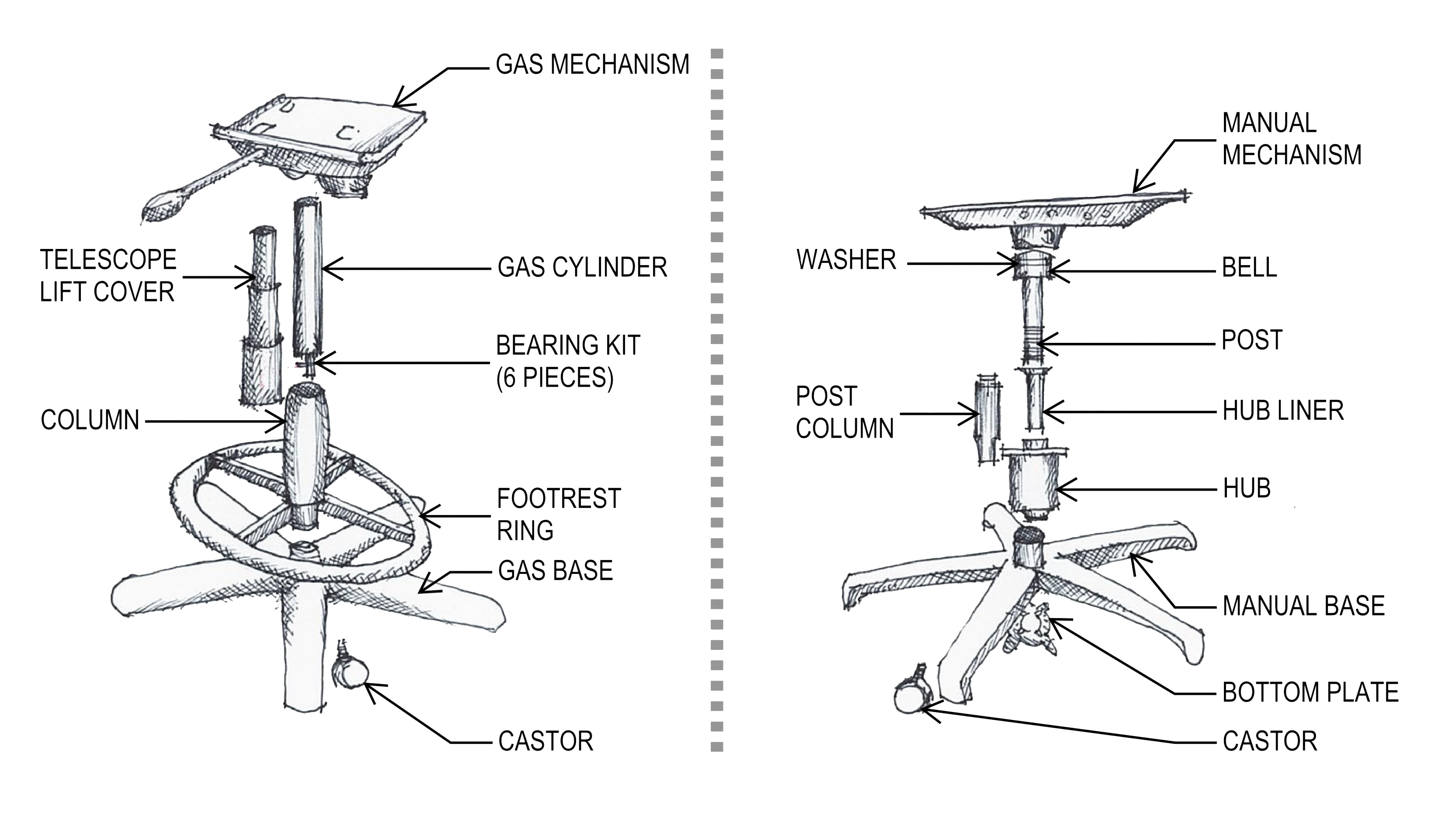 Components of an office chair. Closeup of a complete set of spare